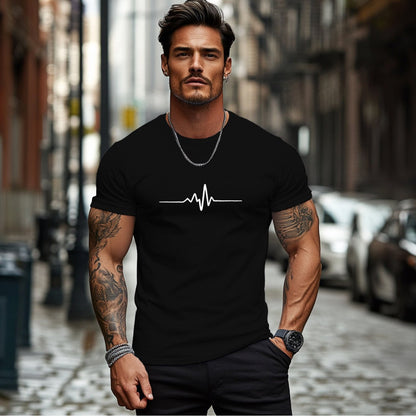 Men'S Brown T-Shirt with ECG Heartbeat Graphic - Casual Streetwear, Short Sleeve, Round Neck, Stretch Fabric, All-Season Comfort, Casual Streetwear Tee   Round Neck Tshirt   Comfortable Fit