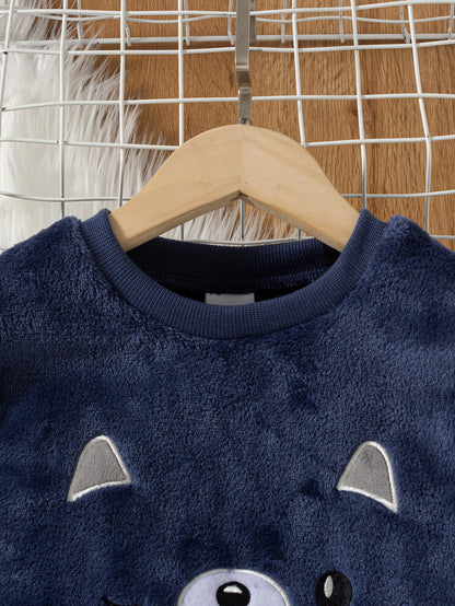 Boys' Casual Outfit with Embroidered Cartoon Bear Design - Long Sleeve Crew Neck Sweatshirt & Pants Set, Double-Sided Flannel, Perfect for Fall/Winter, Everyday Comfort, Everyday Comfort Wear|Playful Design|Double-Sided Flann