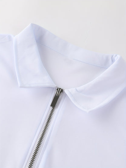 [Golf Apparel] Men's Classic White Shirt - Casual Summer Style with Short Sleeves, Zipper Collar, and Stretch Polyester Fabric - Perfect for Streetwear & Golf