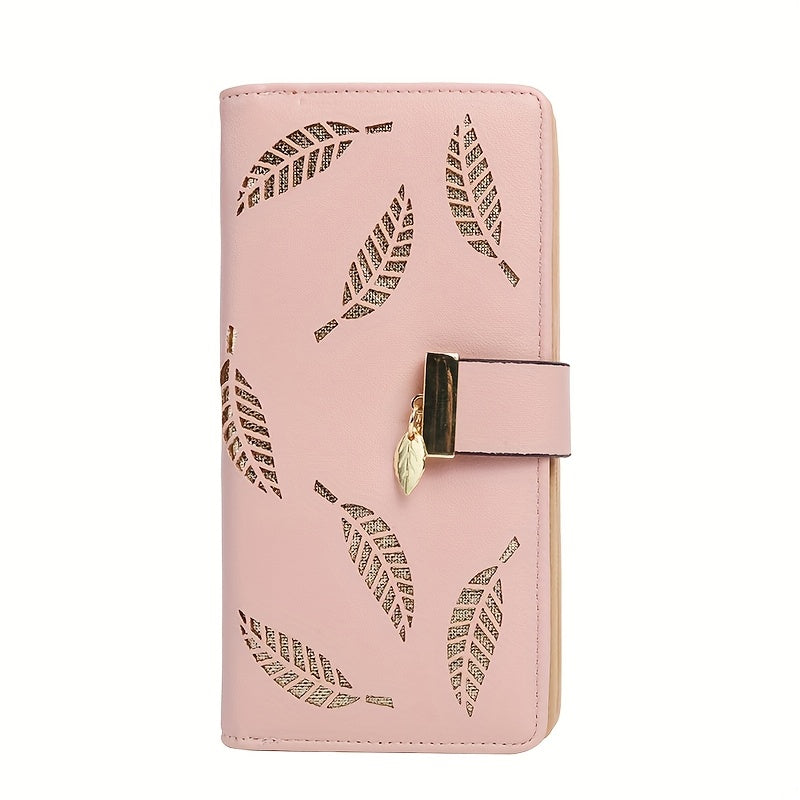 Perfect Christmas Gift for Her: Elegant Women's Long Wallet with Hollow Leaf Pattern & Gold Metal Pendant, Detachable ID Window, Zipper Coin Purse, Multiple Card Slots - Stylish PU  Clutch in Khaki, Blue, Black, Brown, Pink