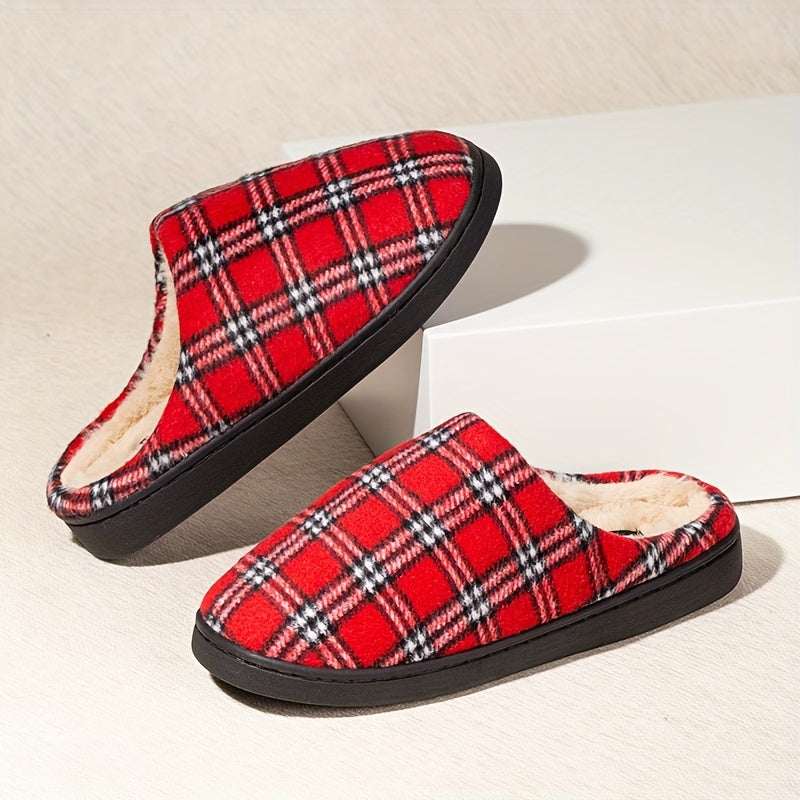 Unisex Plaid Slip-On Slippers for Men & Women - Comfortable Memory Foam Indoor/Outdoor House Shoes with TPR Sole, Warm Fabric Uppers, Blue & Red Options, Perfect for Everyday & Leisure Wear, House Slippers