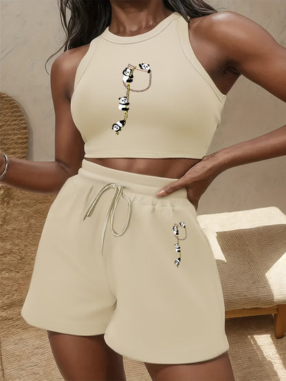 Women's Casual Two-Piece Set with English Print and Wide Leg Pants