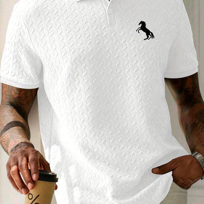 Men'S Casual Short Sleeve Knit Polo Shirt, Polyester Blend with Slight Stretch, Summer Fashion Pullover with Button Details and Print Horse Emblem