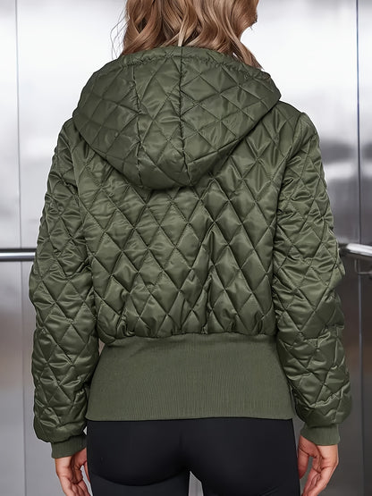 Women's Thick Zip-Up Hooded Jacket - Olive Green Full-Zip Front Closure, Non-Stretchy Structured Fit Coat for Casual, Formal, - Machine Washable Outerwear, Casual Wear, Classic Design, Highquality Material, Office Attire