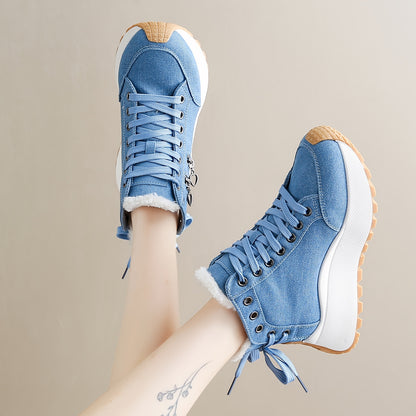 Women'S Winter Boots with Plush Lining - Thickened Warm Snow Boots, Lace-Up Closure, Non-Slip PVC Sole - Elegant Cold Weather Shoes for Everyday & Formal Outfits - Easy-Clean Fabric Upper - Available in Blue, Black, Brown, Re