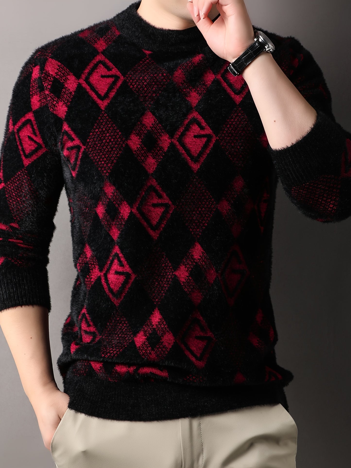 Maqiqi OBM Men's New Autumn/Winter Knit Pullover, Plaid Pattern Men's Sweater with Letter Decoration, Faux Mink Fur Round Neck Long Sleeve Men's Top, Soft and Comfortable Fabric, Suitable for Casual Outings, Men's Gift