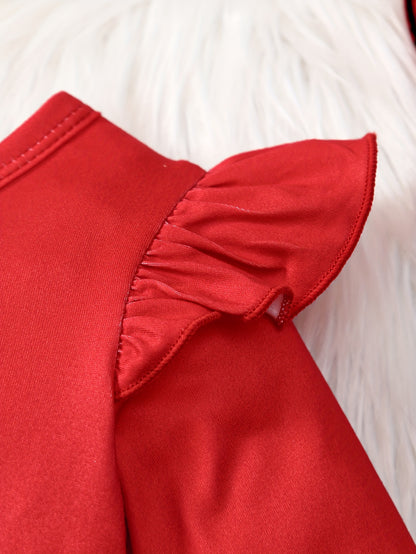 Տոնական երկար թևքերով, ծալքավոր զարդանախշերով զգեստ՝ Ձմեռ պապի և ձնեմարդու նախշերով, պոլիեսթերի խառնուրդով և թեթևակի ձգվող, գարուն/աշուն ամենօրյա տրիկոտաժե գործվածքից։