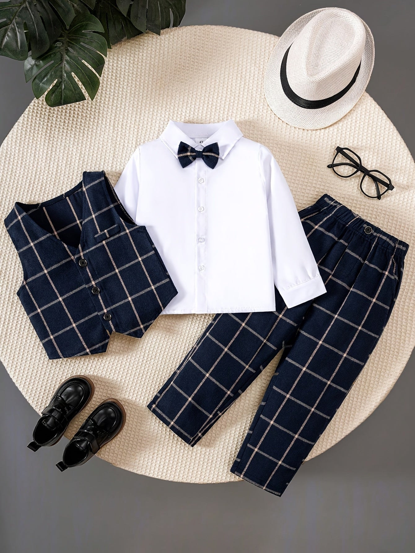 Toddler Boys 3-Piece Gentleman Set Navy Plaid Vest & Trousers