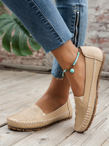 Women's Retro Perforated Flat Shoes, Comfy Breathable Round Toe Slip On Shoes, Casual Outdoor Loafers