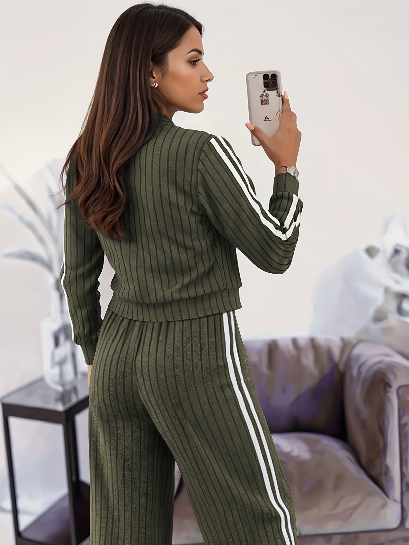 Women'S Stylish Casual Zip-Up Round Neck Ribbed Cardigan with Loose Straight Pants, a Two-Piece Casual Outfit - ayq