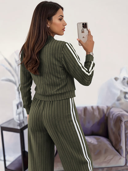 Women'S Stylish Casual Zip-Up Round Neck Ribbed Cardigan with Loose Straight Pants, a Two-Piece Casual Outfit - ayq