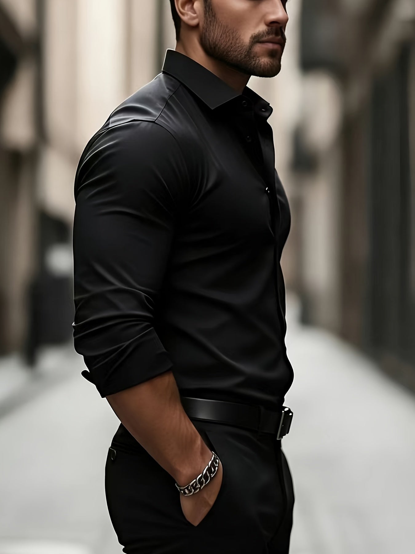 Men's Solid Color Long Sleeve Dress Shirt for Work & Business