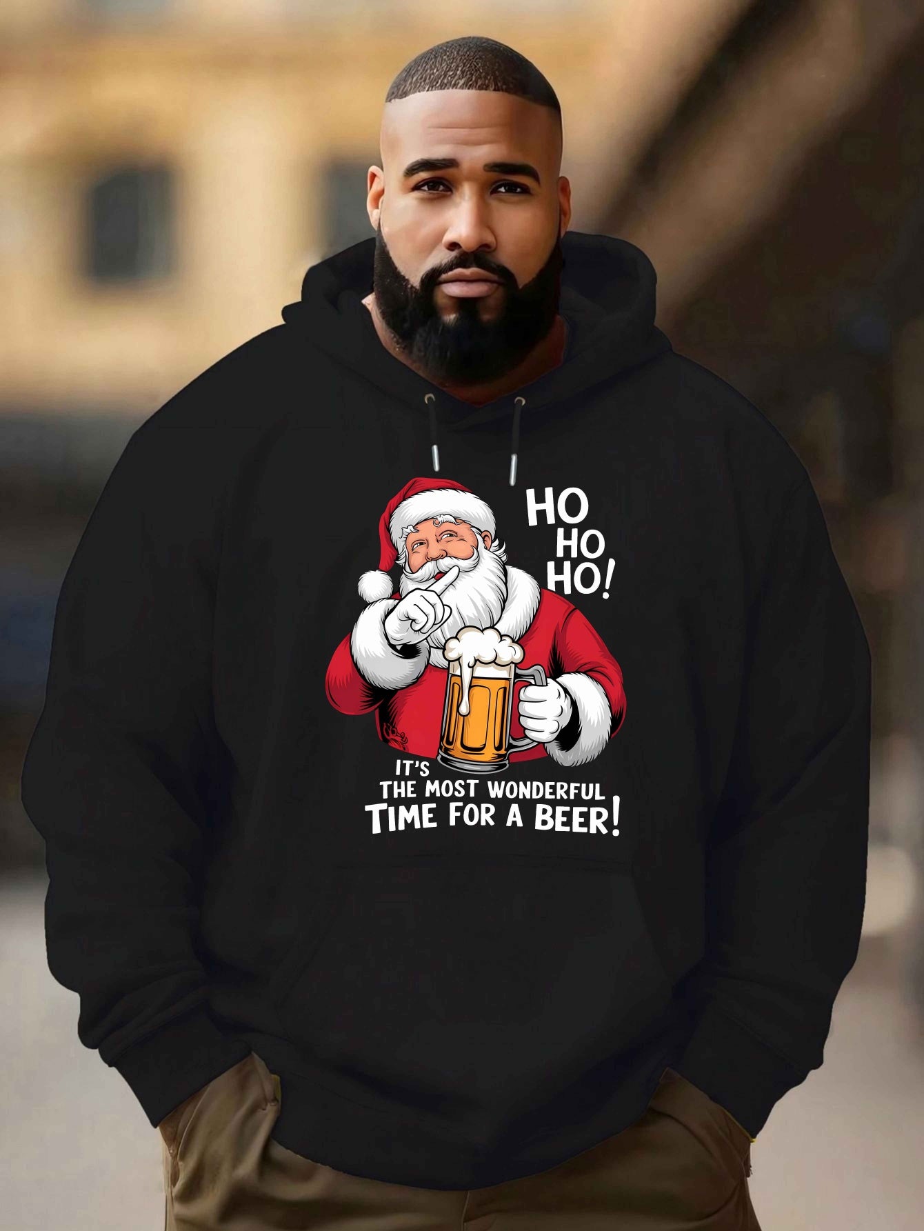 Men'S Red Hoodie with Santa Claus & Beer Mug Graphic - "Ho Ho Ho! It'S the Most Wonderful Time for a Beer!" - Cozy Plush Pullover for Fall & Winter, Casual Holiday Wear, Christmas Clothes, Plus Size