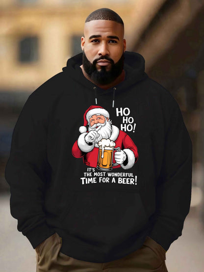 Men'S Red Hoodie with Santa Claus & Beer Mug Graphic - "Ho Ho Ho! It'S the Most Wonderful Time for a Beer!" - Cozy Plush Pullover for Fall & Winter, Casual Holiday Wear, Christmas Clothes, Plus Size
