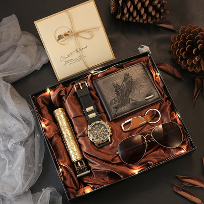 7pcs Stylish Business Casual Men's Watch Set + Fashion Glasses + Wallet + Hair Clipper, Perfect Gift for Father’s Day, Teacher’s Day, and Thanksgiving