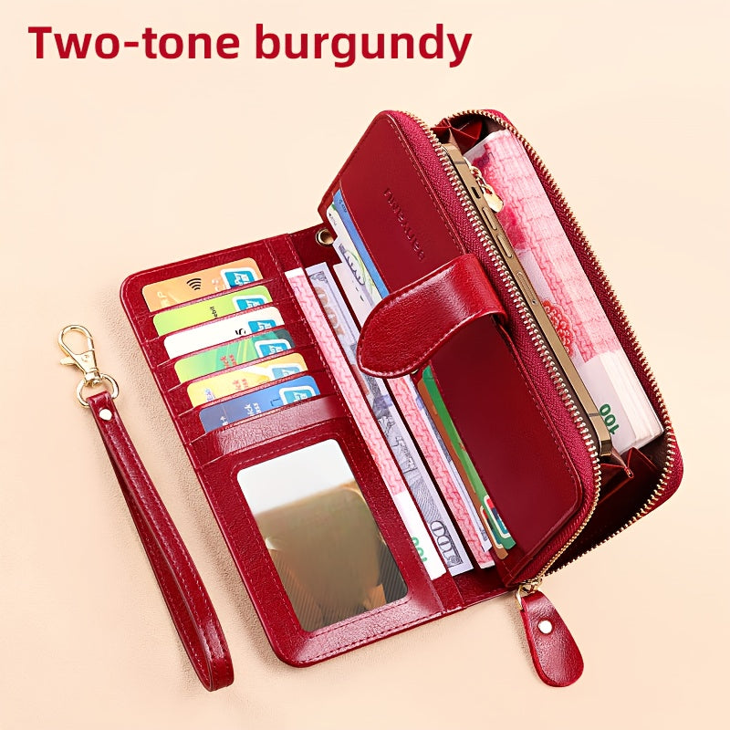 Two-Layer Cowhide Leather Clutch Wallet for Men & Women, Casual Large Capacity RFID Blocking Zippered Hand Purse with Transparent ID Slot and Anti-Theft Brush, Versatile for Going Out