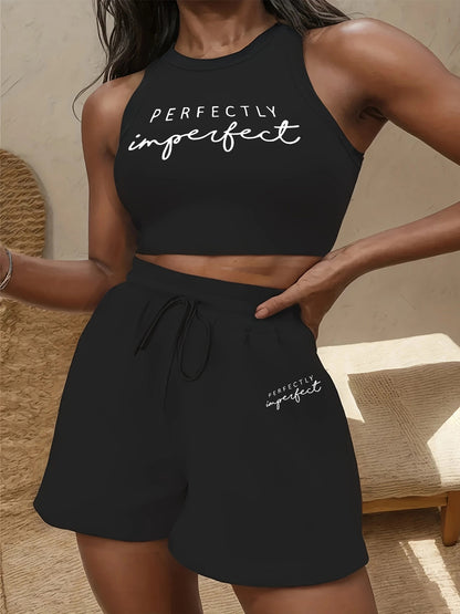 Women's Casual Vest and Shorts Set with Drawstring and Pockets