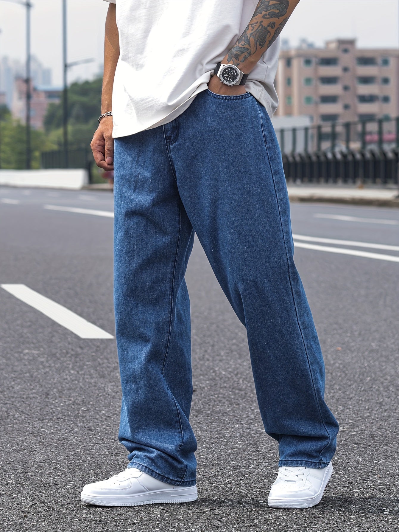 Men's Casual Denim Jeans - Solid Color, Rayon Blend, Non-Stretch Fabric, Machine Washable