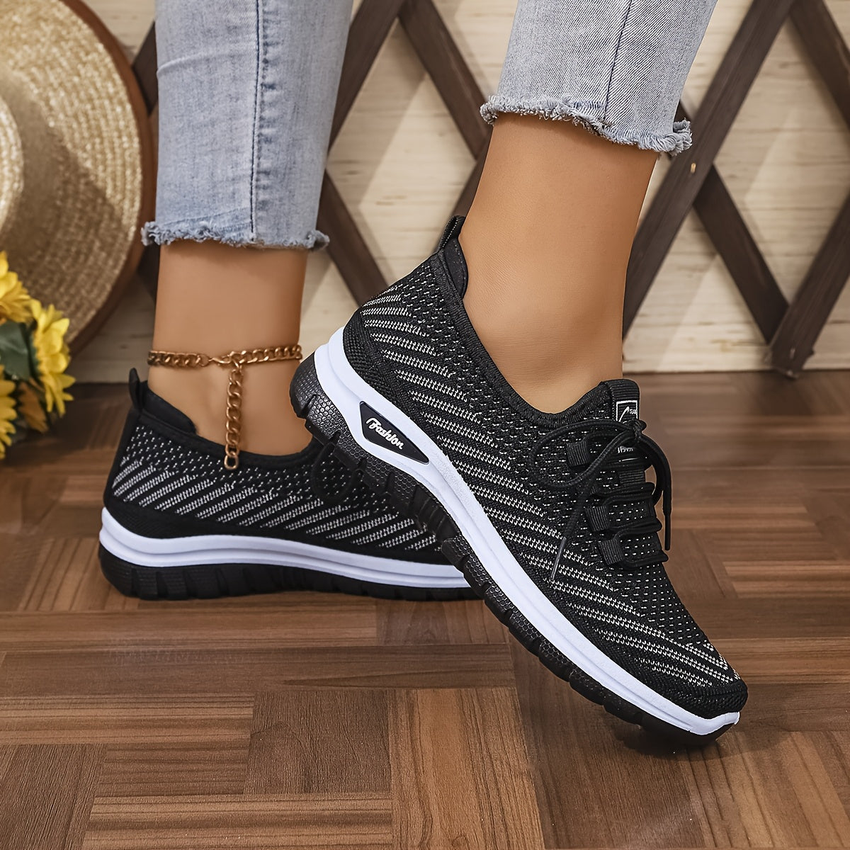 Women'S Knit Casual Sneakers - Stylish Striped Weave Pattern, Breathable Non-Slip Comfort Shoes with Rubber Sole for Outdoor Wear