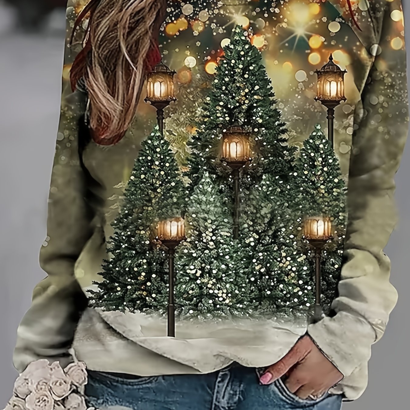 Christmas Tree Print Sweatshirt, Casual Long Sleeve Crew Neck Sweatshirt, Women's Clothing