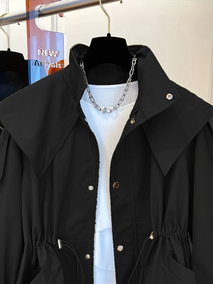 Կանացի միագույն պոլիեսթերային վերարկու՝ լարով գոտկատեղի, օձիքի և կրծքավանդակի գրպաններով - Գարնանային և աշնանային նորաձևություն, հարմարավետ, չձգվող գործվածք, ամենօրյա վերնազգեստ | Դասական երկար թևքեր | Չձգվող նյութ