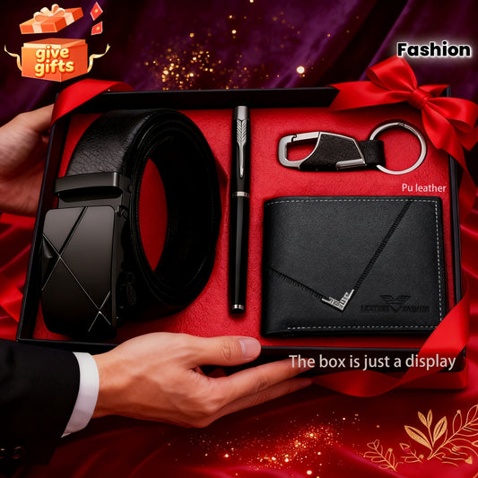 4pcs Belt Gift Set, Fashion Wallet + Belt + Keychain + Portable Pen, Business 4pcs Set for Men - Premium Gift for Boyfriend, Brother or Friend, Christmas Gift for Him, Men's Gift (No Gift Box)