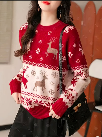 Women's Elegant Red & White Winter Sweater with Nordic Reindeer & Snowflake Pattern - Cozy Sweater for Christmas, New Year's Eve, Valentine's Day - Machine Washable Long Sleeve Round Neck Sweater in Red, White, Brown & Black