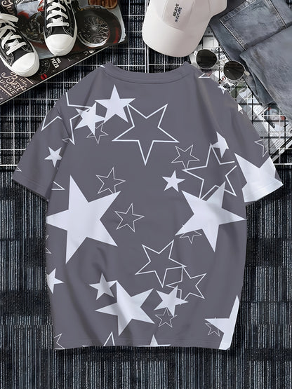 Men's Allover Color Blocking Stars Pattern Short Sleeve Crew Neck T-shirt For Summer, Casual Stylish Tee As Gift