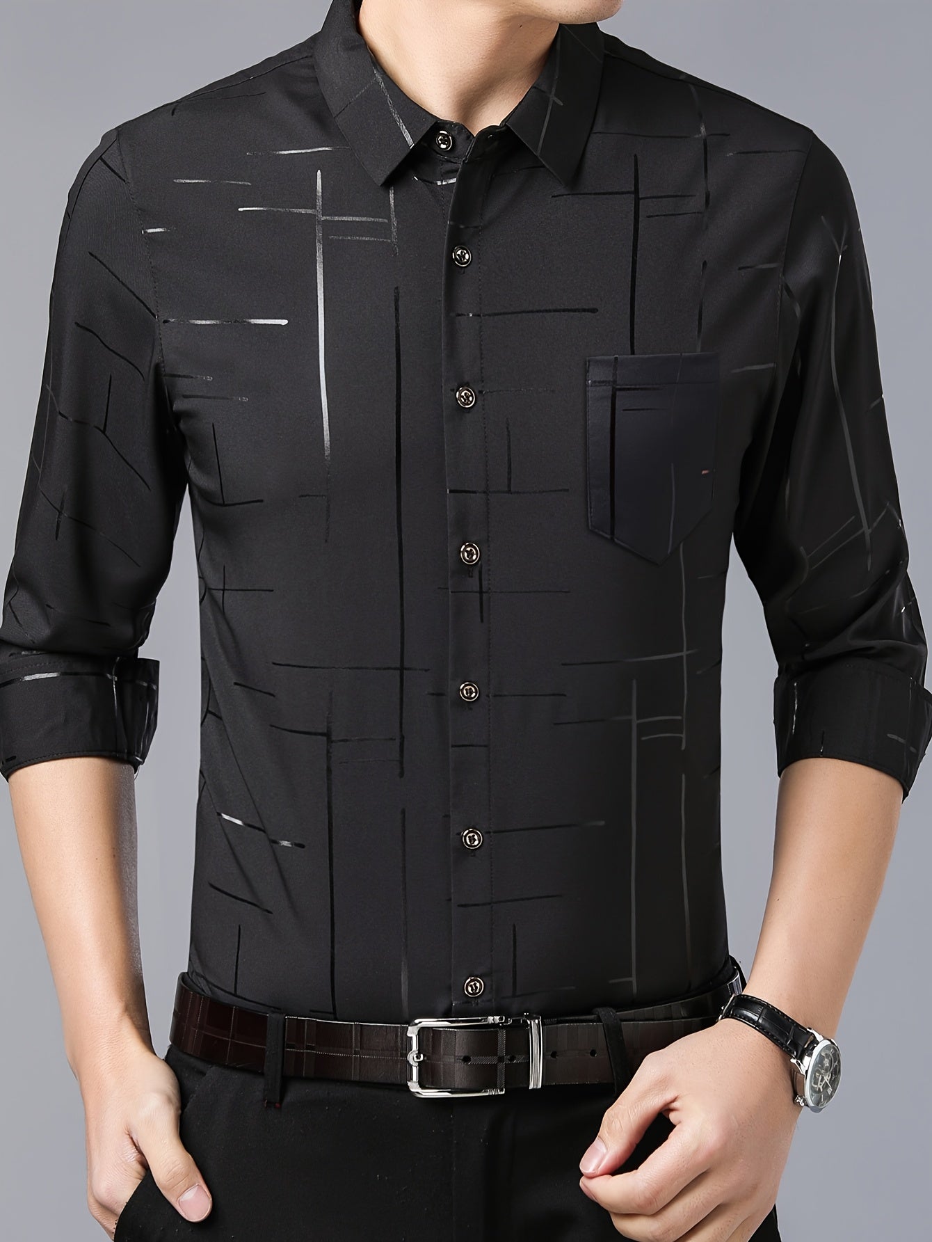 Elegant Men's Maroon Striped Long Sleeve Dress Shirt - Sophisticated Black & Golden Print, Breathable Polyester, Casual Comfort Fit with Classic Collar and Button-Up Front for Casual Attire