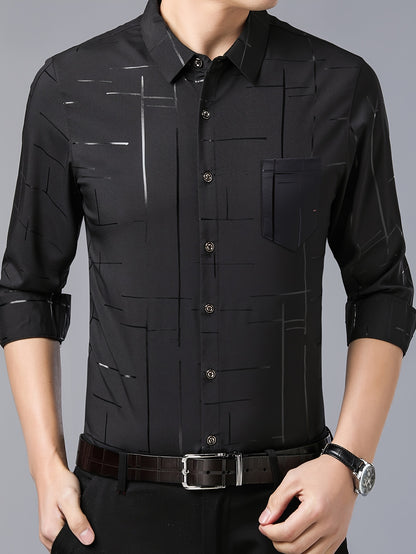 Elegant Men's Maroon Striped Long Sleeve Dress Shirt - Sophisticated Black & Golden Print, Breathable Polyester, Casual Comfort Fit with Classic Collar and Button-Up Front for Casual Attire
