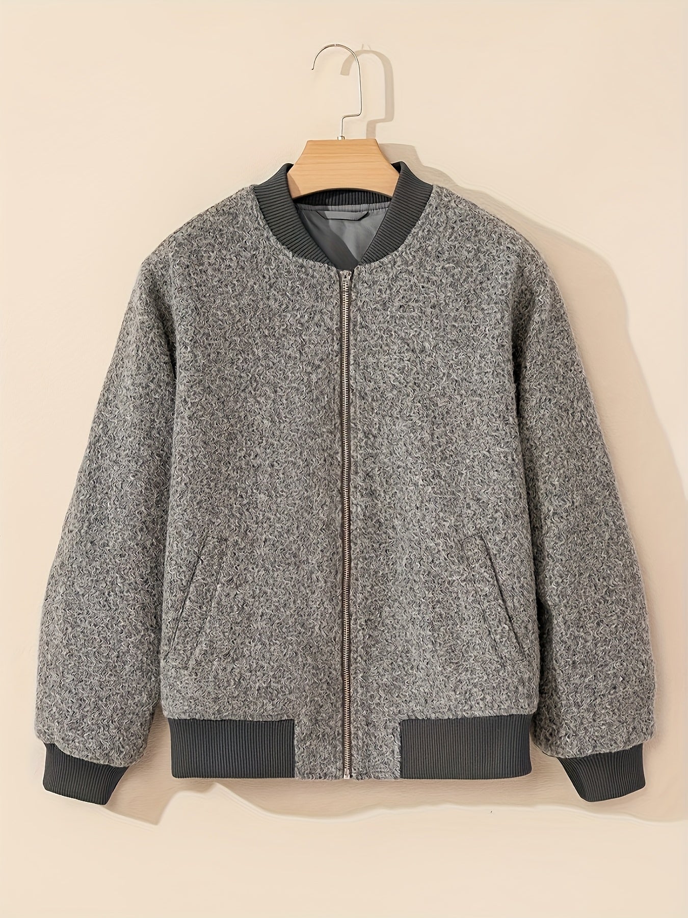 Women'S Elegant Casual Baseball Collar Jacket - Long Sleeve Zip-Up Coat with Asymmetrical Hem, Non-Stretch Fabric, Regular Fit for Spring/Fall, Casual Outerwear, Spring Fall Clothing, Chic Layering Piece, Durable Construction