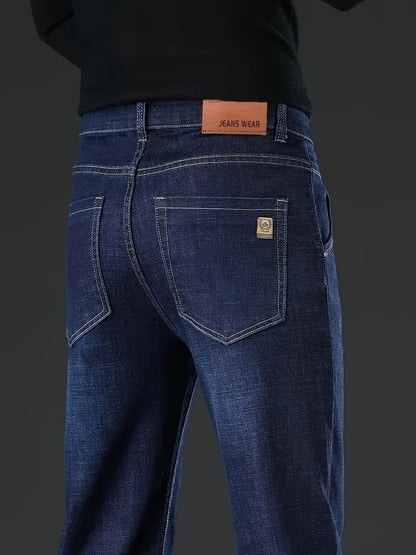 Men's Classic Straight-Leg Jeans - Comfort Business Casual Style, Cotton Blend with Stretch, Solid Washed Denim for All-Season Wear