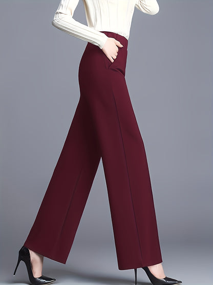 Elegant Maroon High-Waist Straight-Leg Pants for Women - Stretchy, Loose Fit with Slant Pockets, Ideal for Work & Daily Commute, Polyester Blend, All-Season Wear