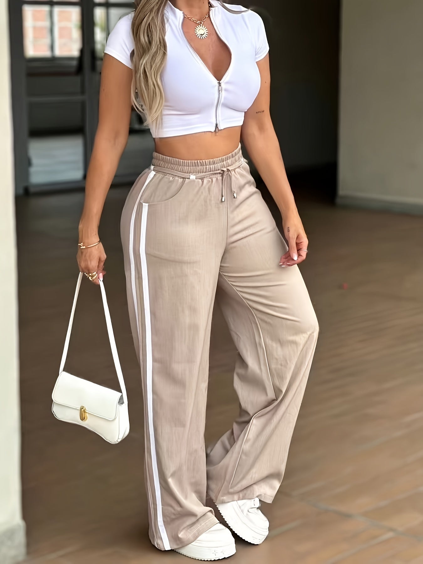 High-Waist Wide-Leg Casual Pants with Drawstring Waist