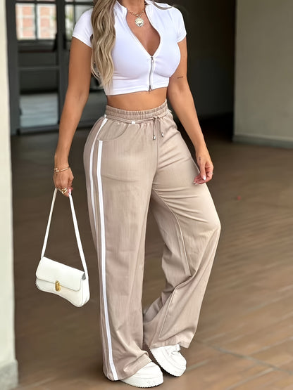 High-Waist Wide-Leg Casual Pants with Drawstring Waist
