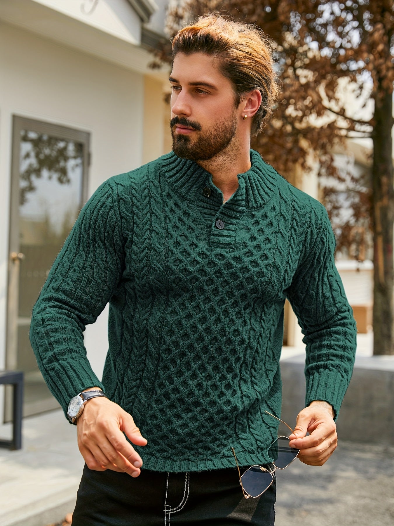 Տղամարդու ջերմային, օձիքով, մալուխով տրիկոտաժե սվիտեր - գծավոր H-աձև, կանոնավոր չափսի սվիտեր, լվացքի մեքենայով լվացվող ձմեռային սվիտեր՝ ակոսավոր դետալներով՝ աշնանային և ձմեռային համար, տրիկոտաժե սվիտեր, միջին առաձգականության գործվածք