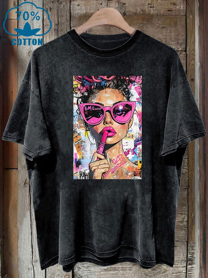 Women's Vintage Washed Cotton Blend T-Shirt with Bold Pop Art