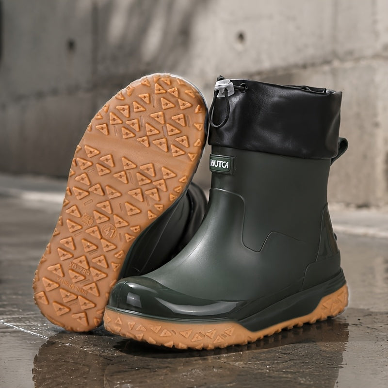 Men's Short PVC Rain Boots with Adjustable Drawstring & Tread Sole