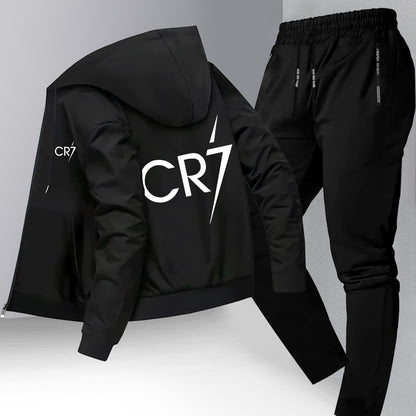 Men'S Trendy CR7 Print Hooded Jacket and Pants Set, Casual Business Suit, Youth Casual Sports Baseball Uniform with Stand Collar