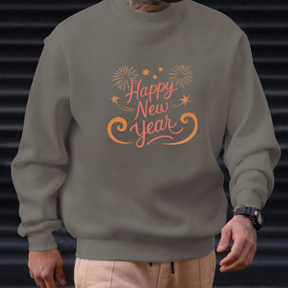 Men'S Happy New Year Sweatshirt - Light Grey with Orange Lettering - Regular Fit Crewneck Pullover for New Year'S Eve, NYE Parties & Casual Attire - Non-Permanent Celebration Sweater for Everyday & Special Occasions, New Year