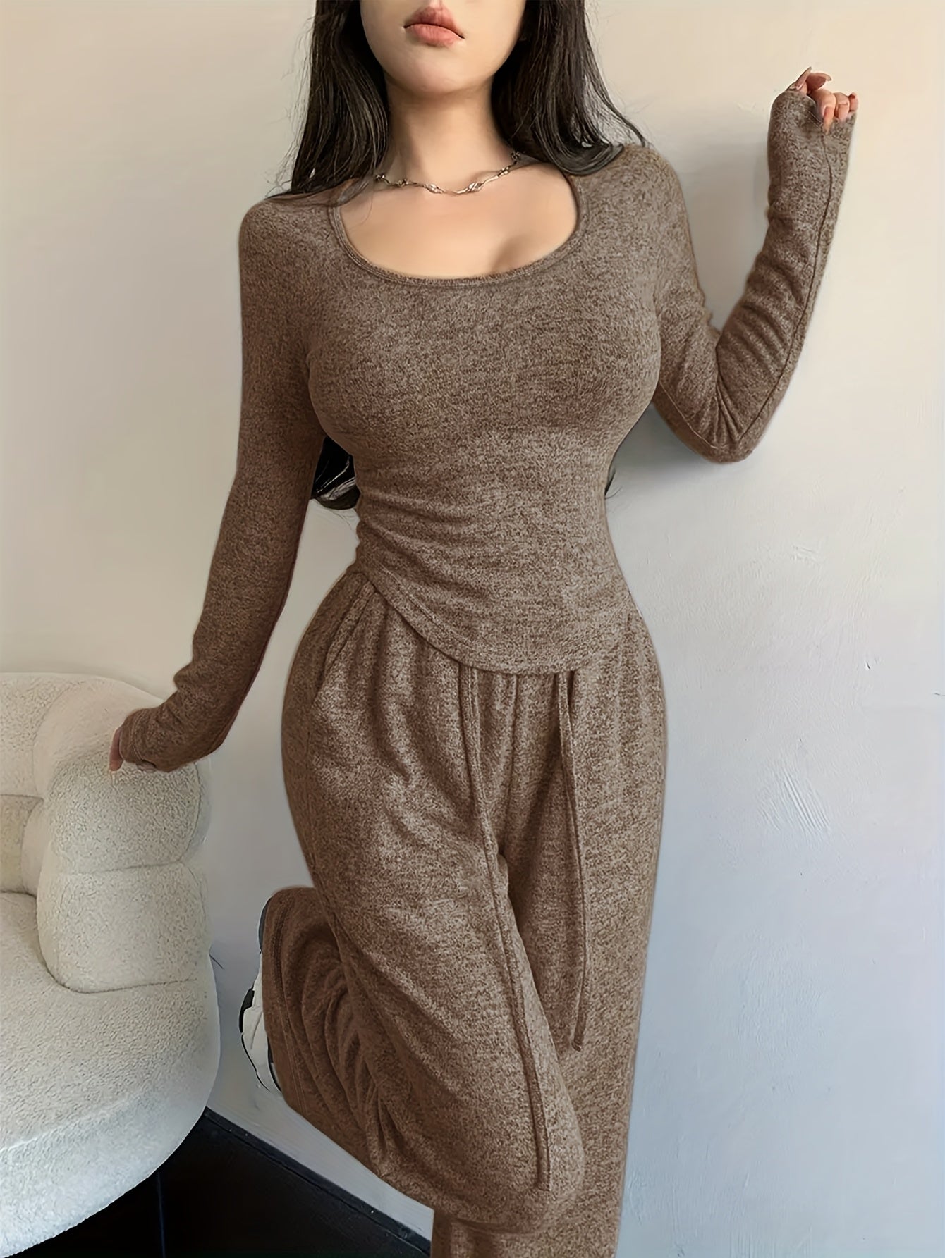Casual Two-Piece Set with Crew Neck Sweatshirt & Wide-Leg Pants