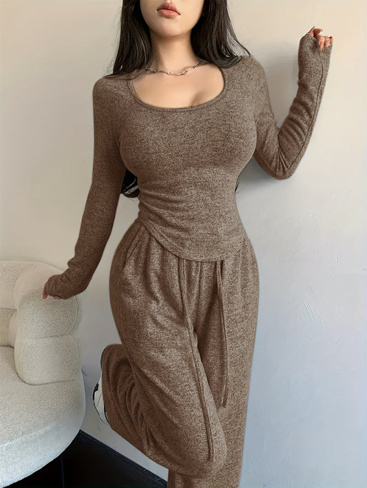 Casual Two-Piece Set with Crew Neck Sweatshirt & Wide-Leg Pants