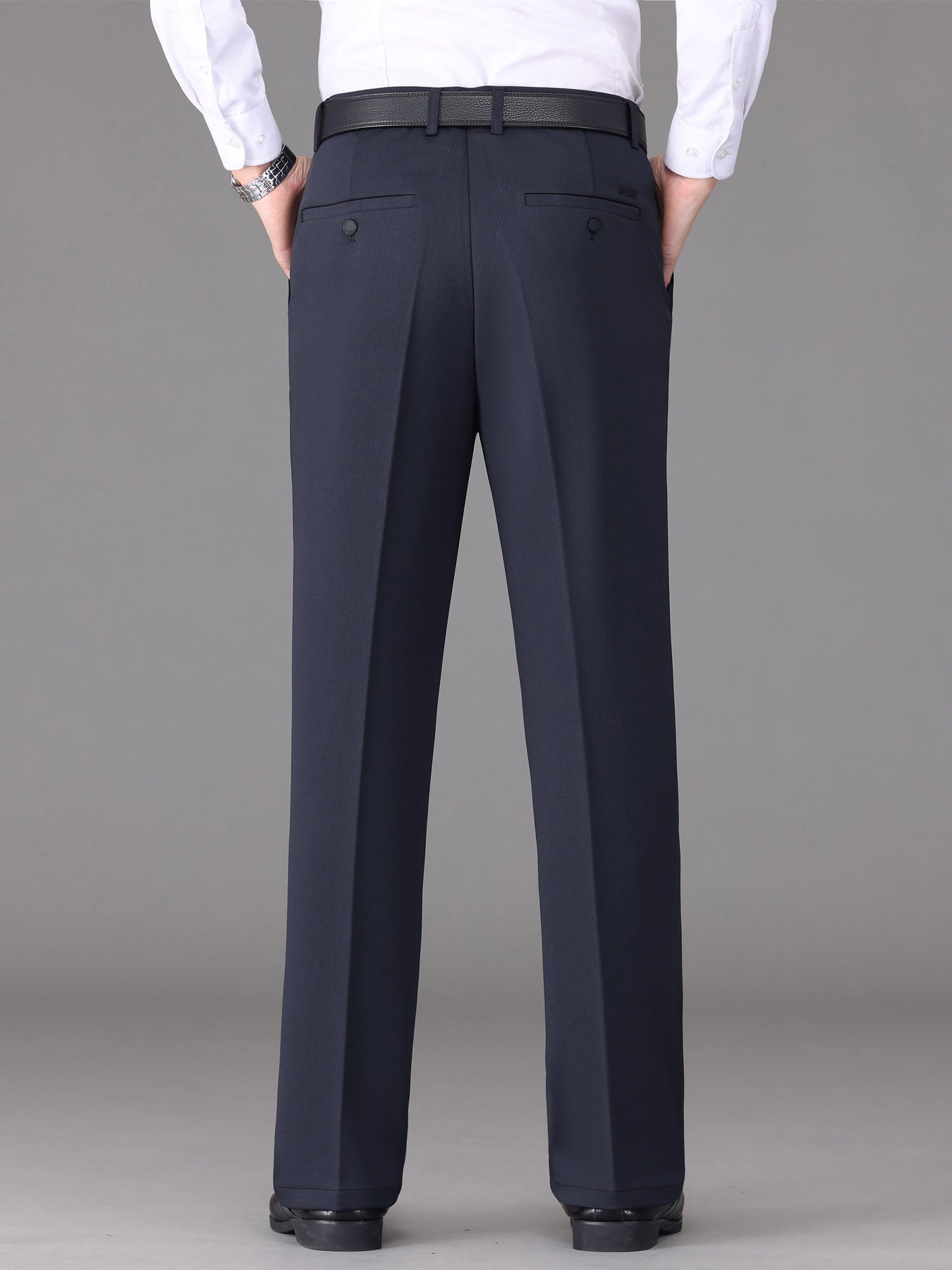 [Lightweight Design] Men's High-Waist Stretch Dress Pants - Wrinkle-Resistant, Dark Blue Business Casual with Pockets, Straight Leg Fit for Spring/Fall