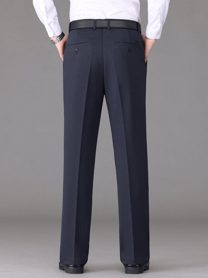 [Lightweight Design] Men's High-Waist Stretch Dress Pants - Wrinkle-Resistant, Dark Blue Business Casual with Pockets, Straight Leg Fit for Spring/Fall