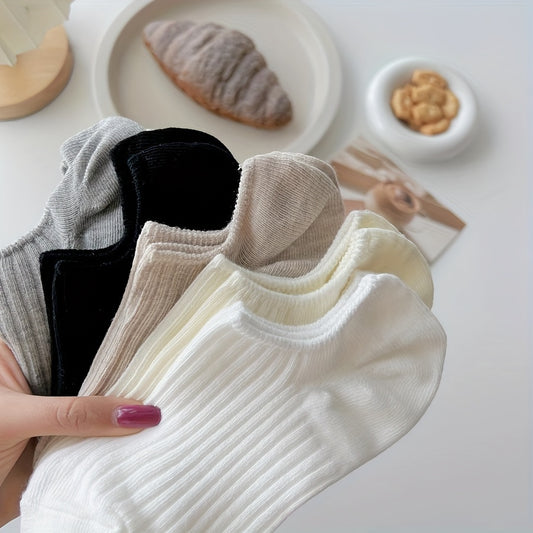 5 Pairs Solid Invisible Socks, Simple Non-slip Low Cut Boat Socks, Women's Stockings & Hosiery
