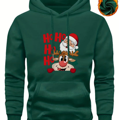 Men's Christmas Hooded Sweatshirt with Rudolph & Santa Print - Thickened Winter Pullover Hoodie, Warm Long Sleeve Casual Sweater for Skiing, Parties, Team Events - Machine Washable (Couple Matching, Unisex Style)