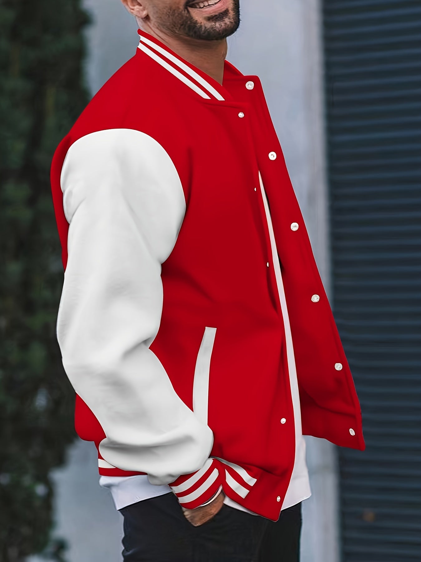 [Bold Design] Men's Stylish Black & White Varsity Jacket - Casual Baseball Coat with Pockets, Button-Up Front, Long Sleeve, Polyester Blend, Perfect for Fall & Winter, Casual Sportswear | Casual Fashion Jacket | Cotton Comfor
