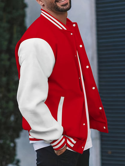 [Bold Design] Men's Stylish Black & White Varsity Jacket - Casual Baseball Coat with Pockets, Button-Up Front, Long Sleeve, Polyester Blend, Perfect for Fall & Winter, Casual Sportswear | Casual Fashion Jacket | Cotton Comfor