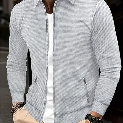 Men'S Solid Color Waffle Texture Zipper Jacket - Full-Zip Casual Coat with Full-Zip Closure, Long Sleeve Lapel Collar, /Navy Brown/