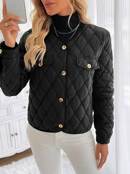 Women'S Quilted Jacket with Golden Buttons - Stylish White Long Sleeve Coat, Casual Fit, Faux Pockets, Perfect for Casual Attire, Casual Wear Jacket | Quilted Jacket | Buttoned Jacket